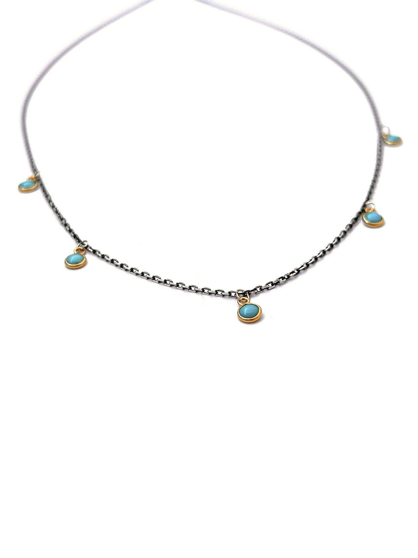 18k Bezel Set Turquoise on Silver Chain Station Necklace